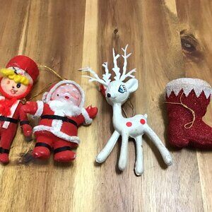 Vintage Flocked Christmas Ornaments Lot Of 4 Santa Reindeer Deer Solider Boot